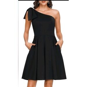 XL JASAMBAC Charming modern solid black dress sleeveless one shoulder fit flare